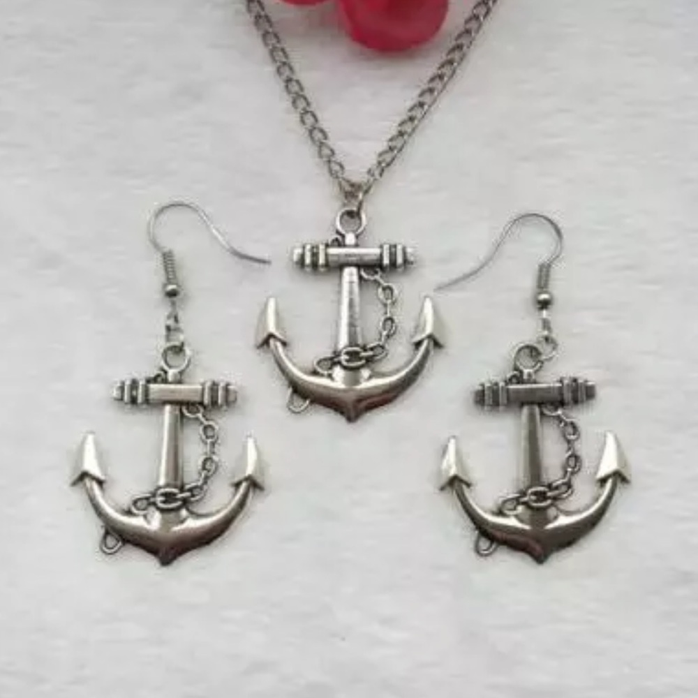 Silver Anchor Necklace Earring Set